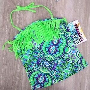 NEW Breaking Waves Big Girl's 12 Fringe Swim Tankini Top Halter neck Green NWT